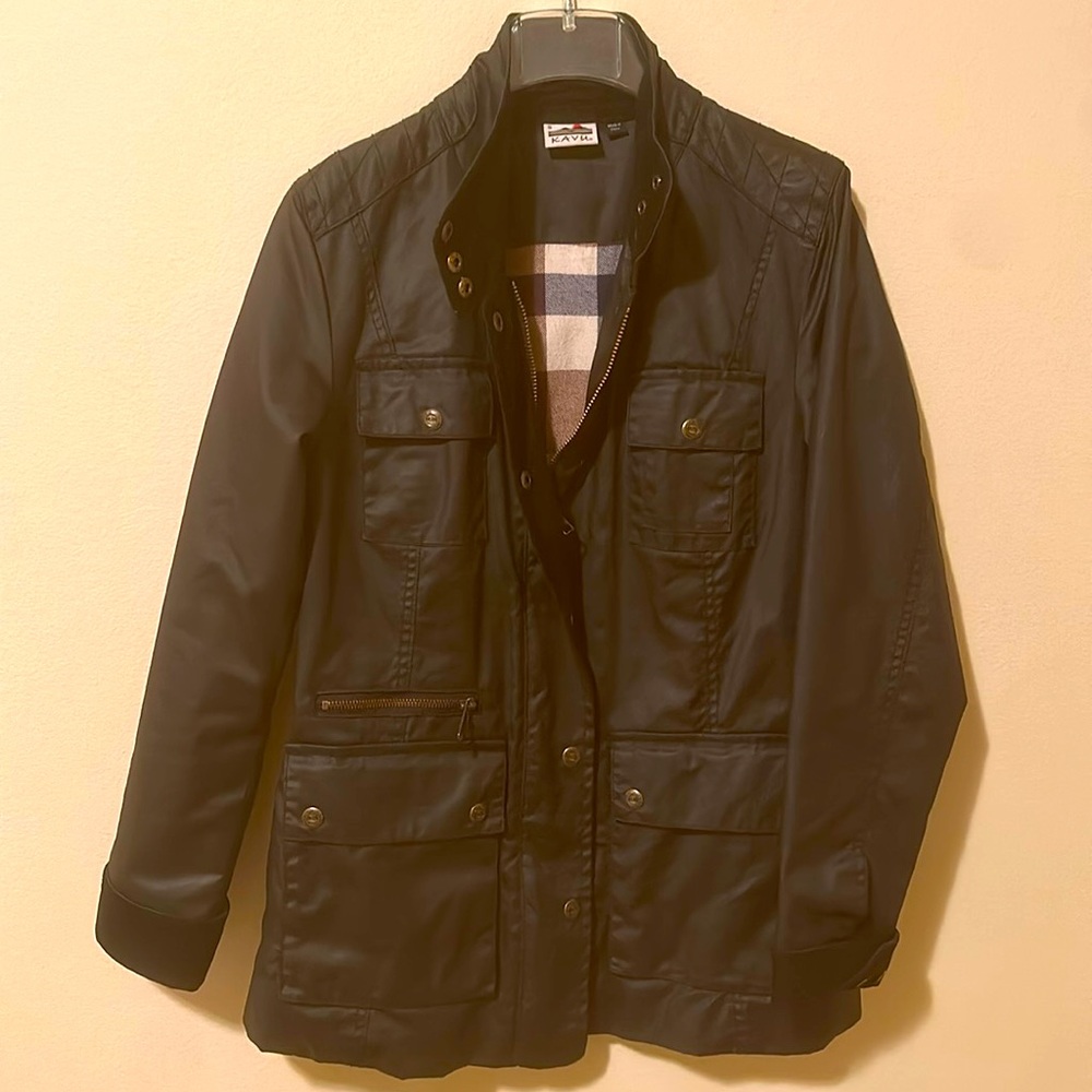 KAVU size Small women’s jacket wax cloth material navy blue rain